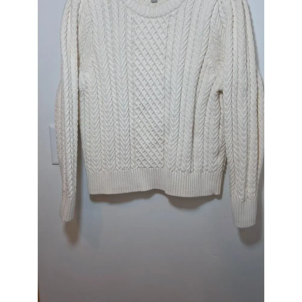 J. Crew 100% Cotton Cream Cable Knit Crew Neck Sweater Size XL Fisherman